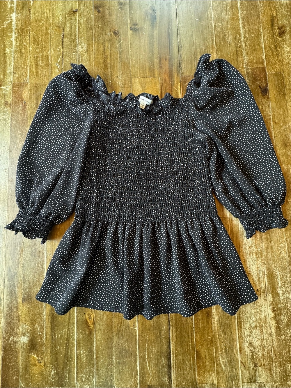 Max Studio Brand Women's Black Mini Polka Dot Smocked Peplum Blouse - Size Small